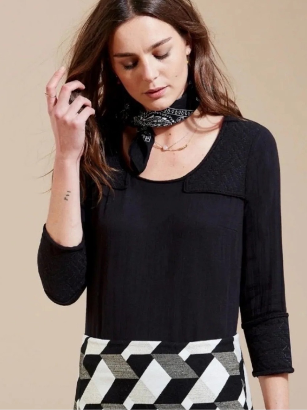 Sézane Moss Jacquard Blouse Black Gold Button Detail EU 38 US 6